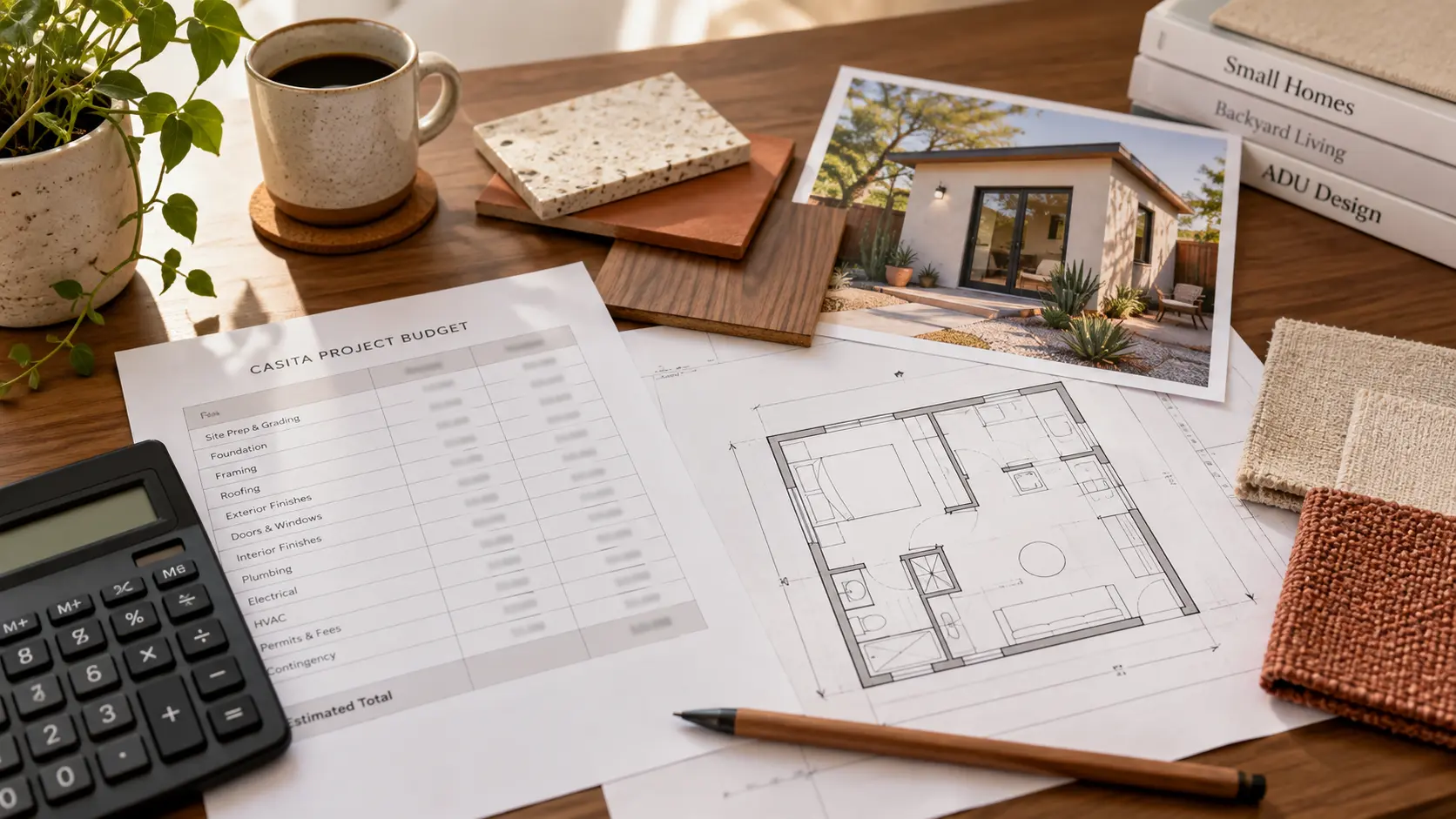 Casita plans, project budget worksheet, calculator, and finish samples