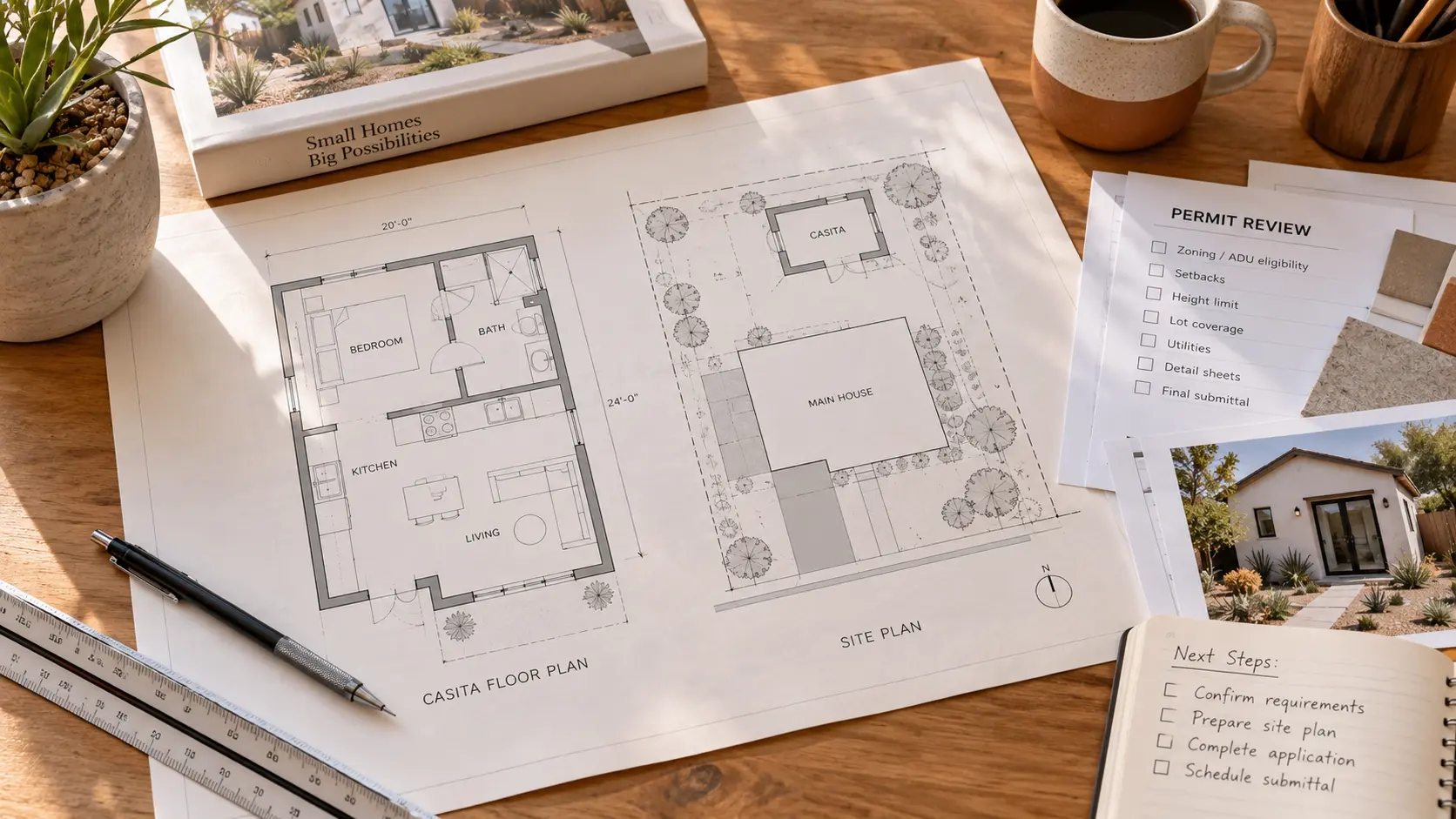 Casita floor plan, backyard site plan, and permit review checklist