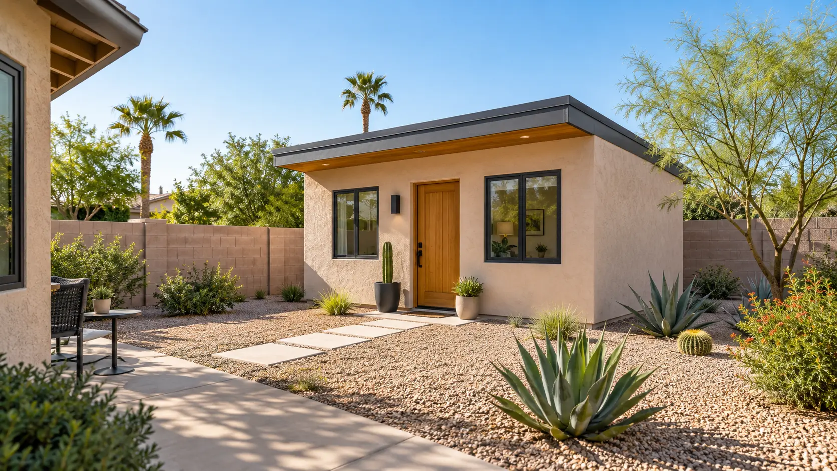 Small detached backyard casita positioned behind a Phoenix home